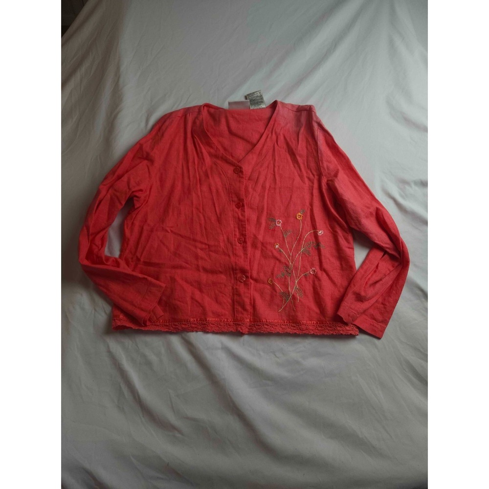 Kathie Lee Cardigan‎ Sweater Womens Large Red Linen Blend Lace Trim Embroidered